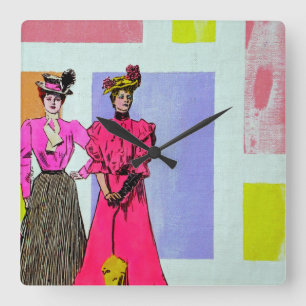 Relógio Quadrado Gibson Girls em um padrão mondriano