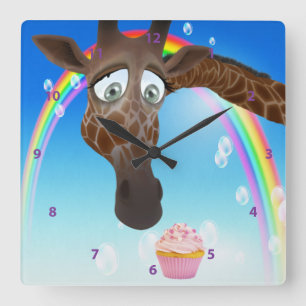 Relógio Quadrado Girafa, cupcake & arco-íris lunáticos engraçado