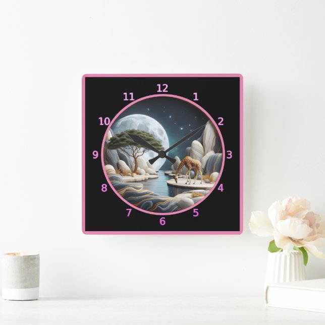 Relógio Quadrado Girafa em água lua na África (Lar)