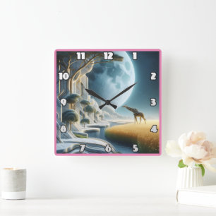 Relógio Quadrado Girafa esfola debaixo da lua na África