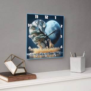 Relógio Quadrado Girafa mirando em uma paisagem serena em forma de