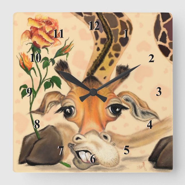 Relógio Quadrado Girafa Romântica - Cavalheiro - Adicione Seu Texto (Frente)