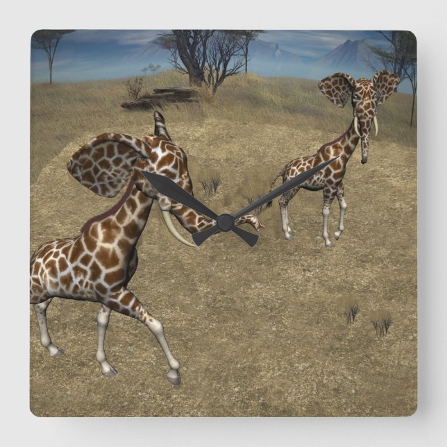 Relógio Quadrado Girafas de elefante giratório (Frente)