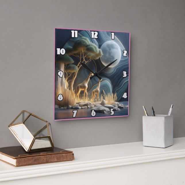 Relógio Quadrado Girafas elegantes sob o céu lua africano (Escritório)