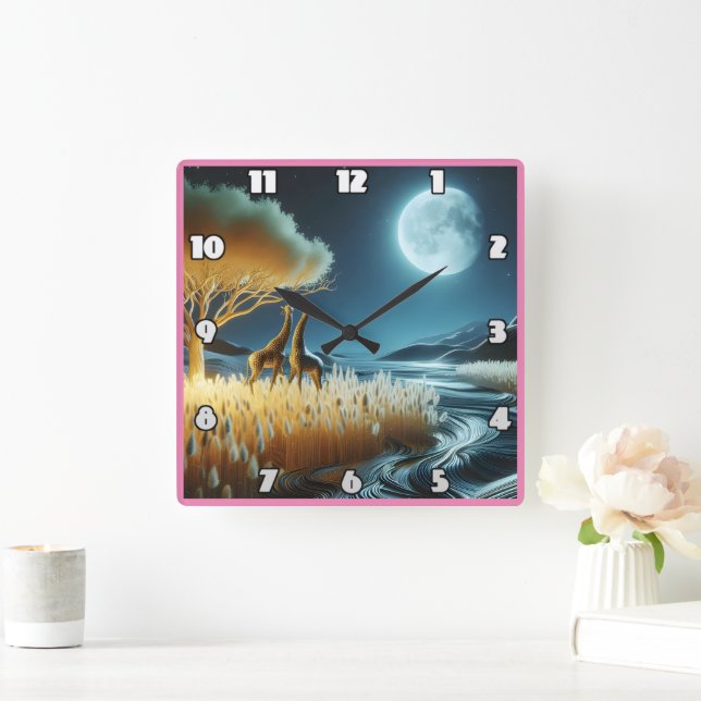 Relógio Quadrado Girafas sob a lua da noite africana (Lar)