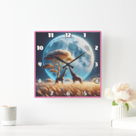 Relógio Quadrado Girafas sob lua de cheio na África