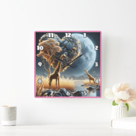 Relógio Quadrado Girafas sob um céu luuoso na savana africana