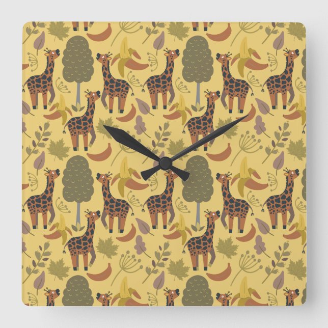 Relógio Quadrado Giraffe seamless pattern yellow background (Frente)
