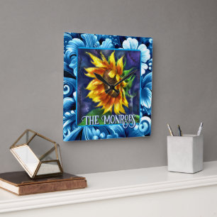 Relógio Quadrado Girassol à Noite Flor Floral Personalizado