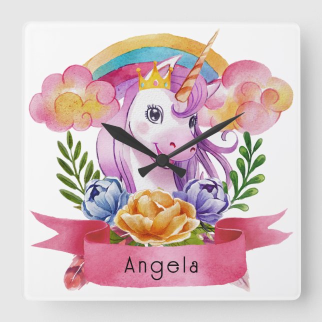 Relógio Quadrado Girls Cute Purple Unicorn Rainbow Nome Personaliza (Frente)