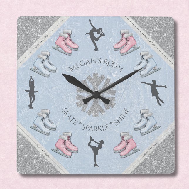 Relógio Quadrado Girls Glitter Ice Rink Figure Skater Clock (Personalized bedroom decor for the young ice skater)