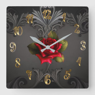 Relógio Quadrado Glamour Gótico Rosa Vermelha Ornamental Preto Glam