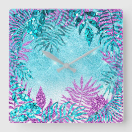 Relógio Quadrado Gliteira Tropical Glitter Azul Cor-de-rosa