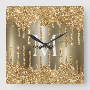 Relógio Quadrado Glitter Dourado Personalizado com Monograma