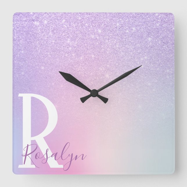 Relógio Quadrado Glitter roxo elegante de na moda com cinta (Frente)