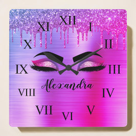 Relógio Quadrado Glitter Roxo Eyelashes Eyelashes Monograma