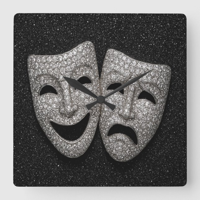 Relógio Quadrado Glittery Comedy & Tragedy Drama Mask (Frente)