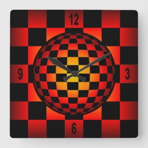 Relógio Quadrado Globe Chess ~ Checkerboard ~ Black & Fire Color ~