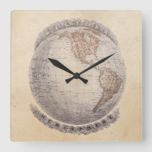 Relógio Quadrado Globo do hemisfério ocidental do mapa do mundo do