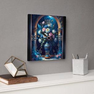 Relógio Quadrado Glorioso Buquê Floral Sob Um Céu Luar