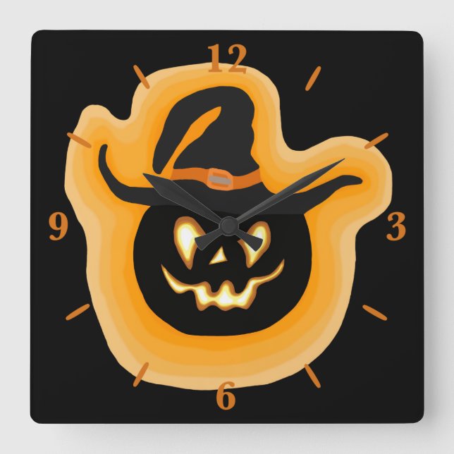 Relógio Quadrado Glowing Pumpkin Witch On Black Square Wall Clock (Frente)