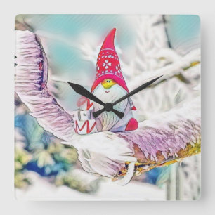 Relógio Quadrado Gnomos na pintura a aquarela da neve