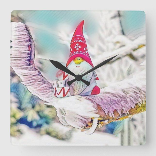 Relógio Quadrado Gnomos na pintura a aquarela da neve (Frente)