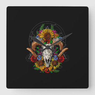 Relógio Quadrado Goat Skull Psychedelic Sunflower