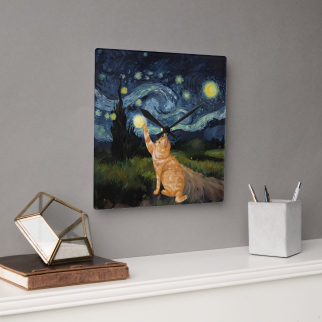 Relógio Quadrado Gogh Gatinho Starry Night Cat (Escritório)