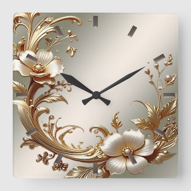 Relógio Quadrado Gold Floral Wall Clock (Frente)
