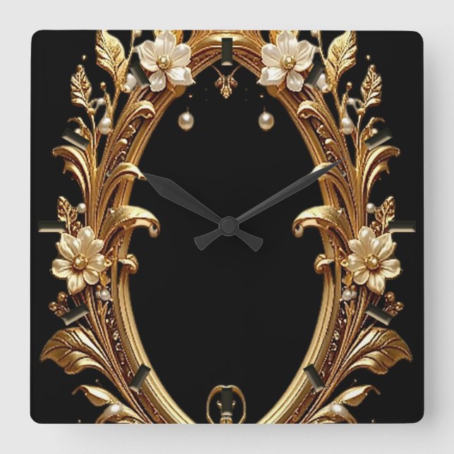 Relógio Quadrado Golden Floral Ornate Frame Wall Clock (Frente)