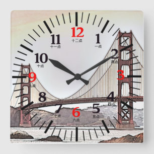 Relógio Quadrado Golden Gate Bridge - English and Chinese Numerals
