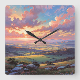 Relógio Quadrado Golden Hills - Vibrant Landscape Illustration