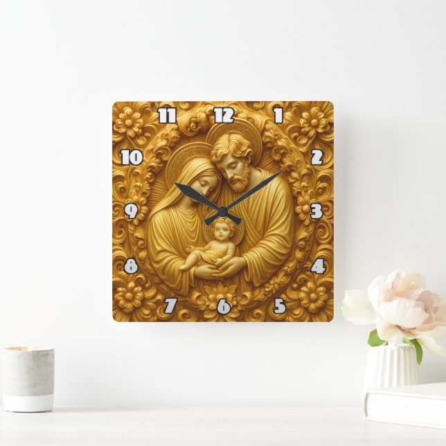 Relógio Quadrado Golden Holy Family Devotional Relief (Lar)