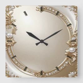 Relógio Quadrado Golden Ornate Frame with Pearls Wall Clock