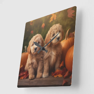 Relógio Quadrado Goldendoodle Puppy Autumn Delight Pumpkin