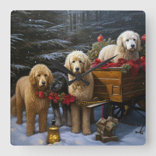 Relógio Quadrado Goldendoodle Snowy Sleigh Decência de Natal (Frente)