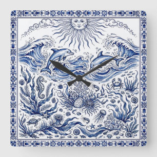 Relógio Quadrado Golfinhos Alegres Fantasia Marinho Delft Estilo Az