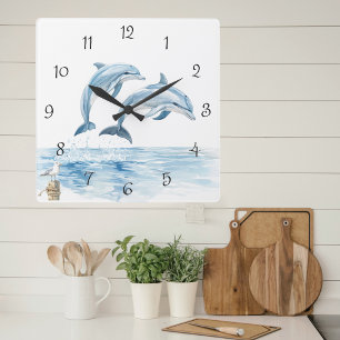 Relógio Quadrado Golfinhos de Aquarela Verão Costeiro