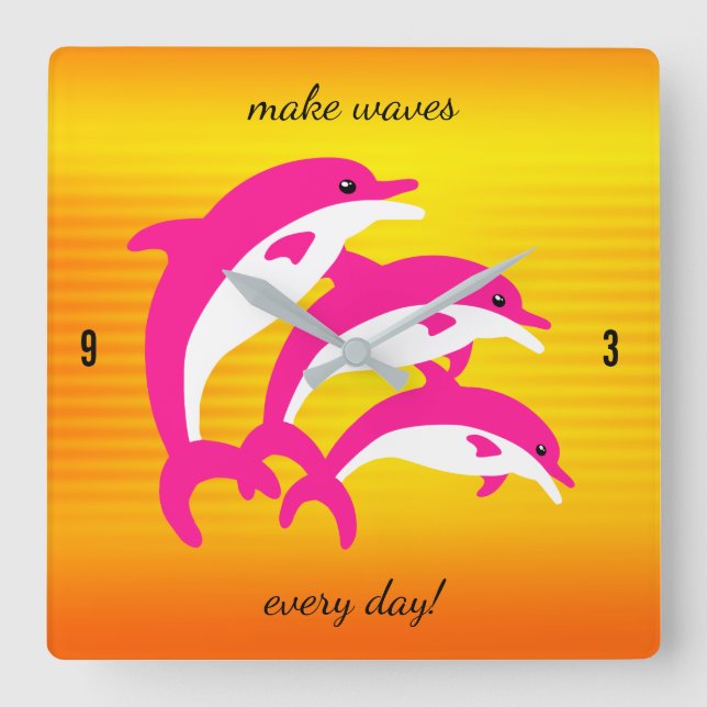 Relógio Quadrado Golfinhos Rosa Dançando no Sol Tropical (Frente)