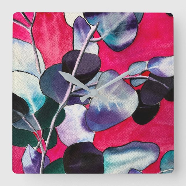 Relógio Quadrado Goma deixa aquarela (Frente)