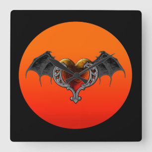 Relógio Quadrado Gótico de Halloween Laranja Coração e Bat Wings Cl