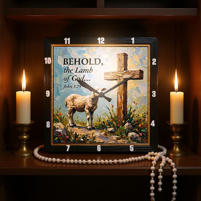 Relógio Quadrado Graça Divina: João 1:29 Hora (Criador carregado)
