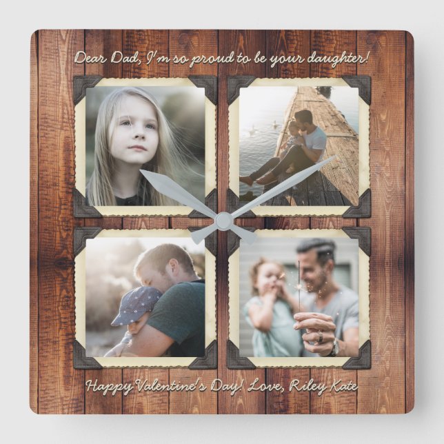 Relógio Quadrado Grade de Fotografias Personalizadas do Pai Filha d (Frente)
