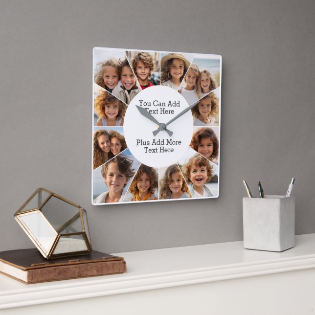 Relógio Quadrado Grade Mínima de 12 Fotos com Texto Simples Quadrad (Escritório)