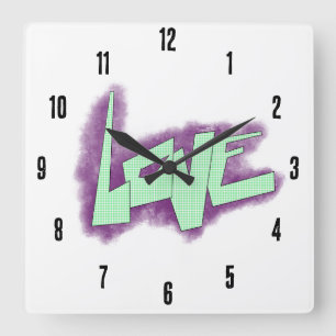 Relógio Quadrado grafite de amor roxo verde menta tipografia pontos