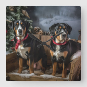 Relógio Quadrado Grande Montanha Suiça Snowy Sleigh Natal