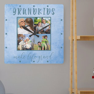 Relógio Quadrado Grandkids make life Grand 4 Photo Blue Watercolor