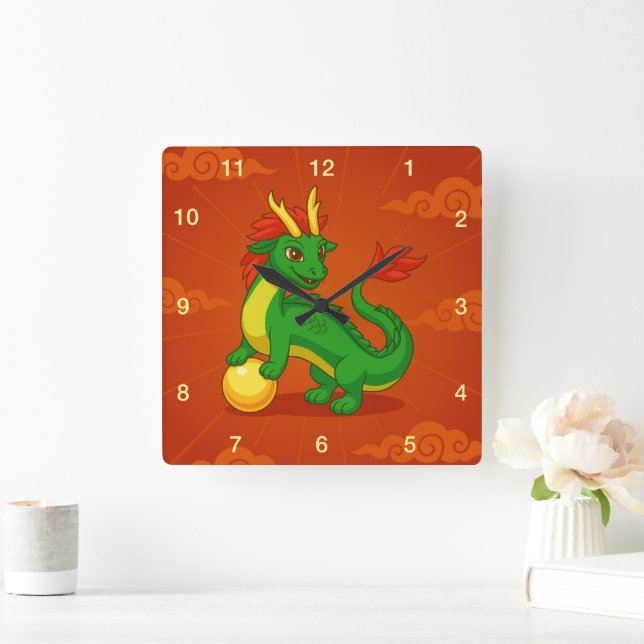 Relógio Quadrado Green Chinese Dragon on Red (Lar)