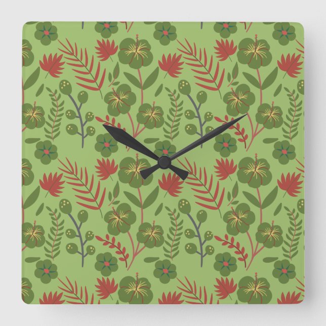 Relógio Quadrado Green floral seamless pattern flower, branch, leaf (Frente)